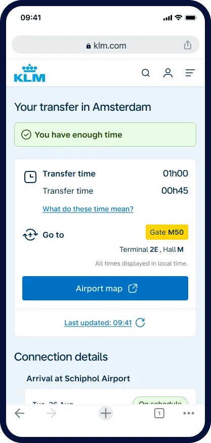 The transfer page on klm.com showing enough time, transfer time and the gate