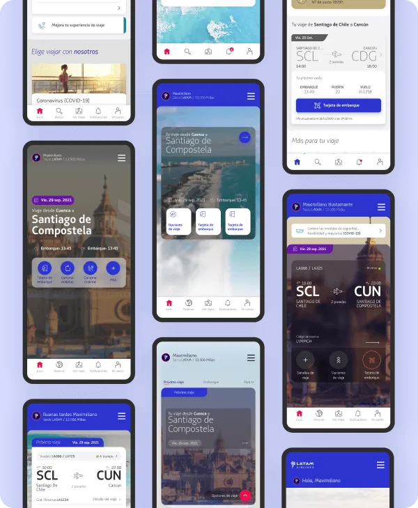 A grid of redesigned app screens for different trips and journey moments