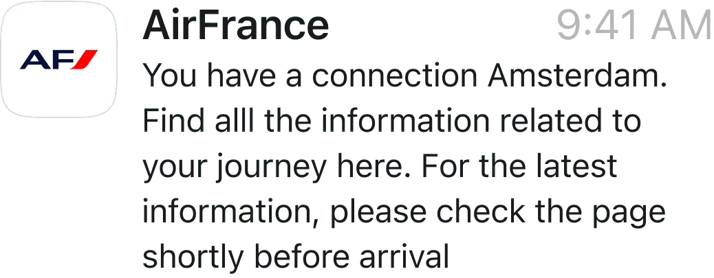 Air France notification: you have a connection in Amsterdam, find all the information related to your journey here