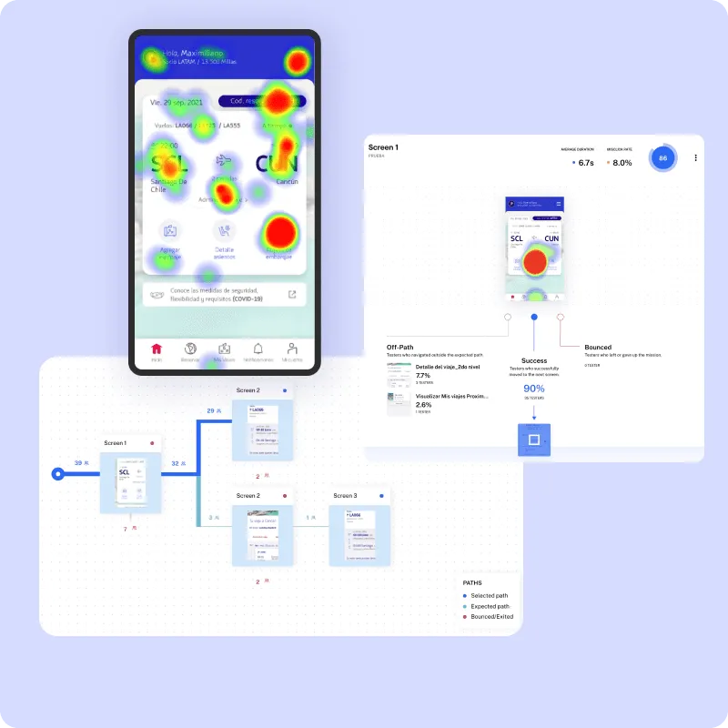Usability testing results with heatmaps and task paths