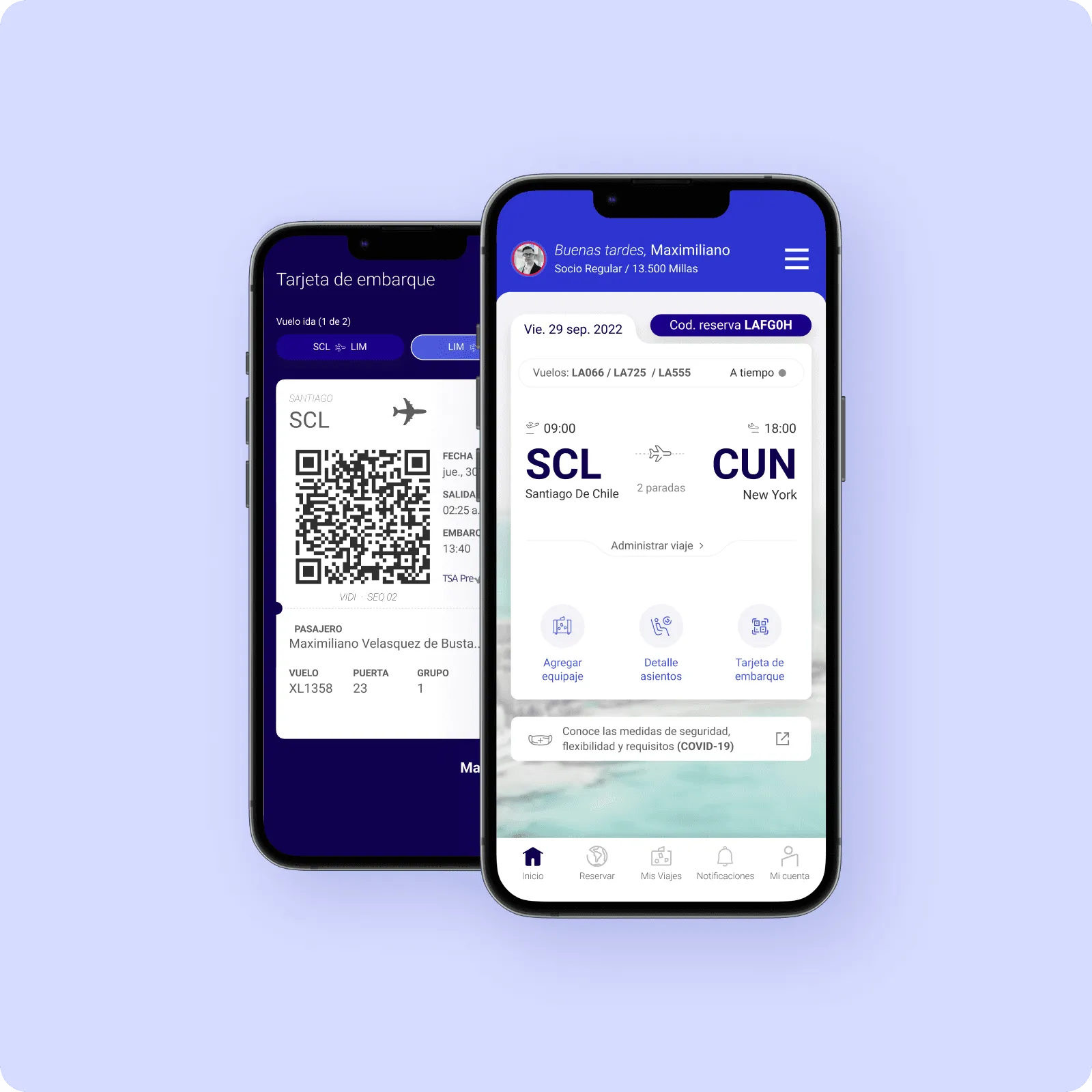 The new homepage next to a boarding pass on two phones
