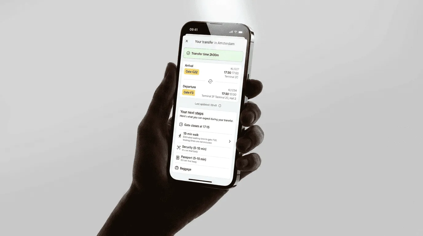 The transfer overview with arrival and departure gates on a phone
