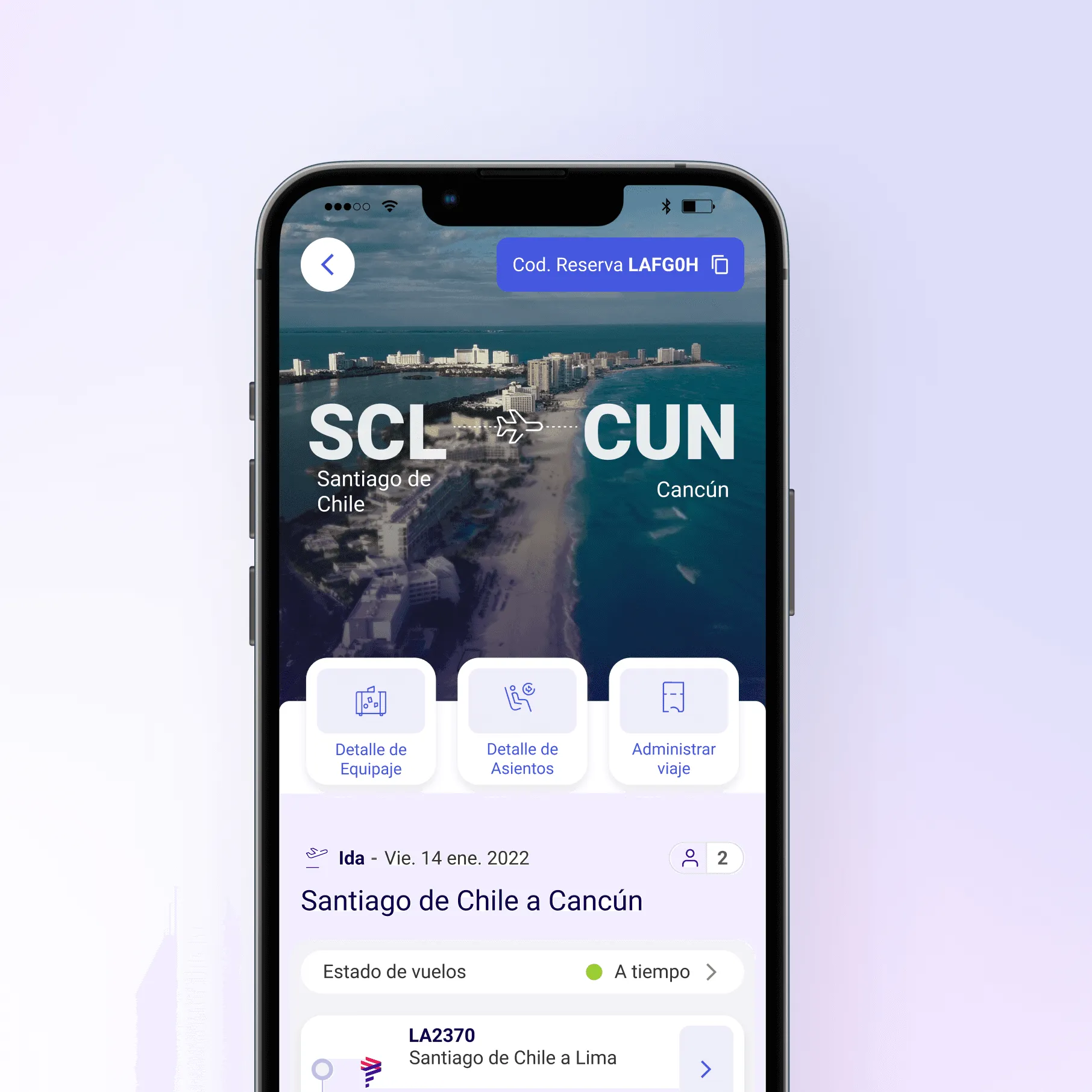 The LATAM Airlines servicing app on a phone
